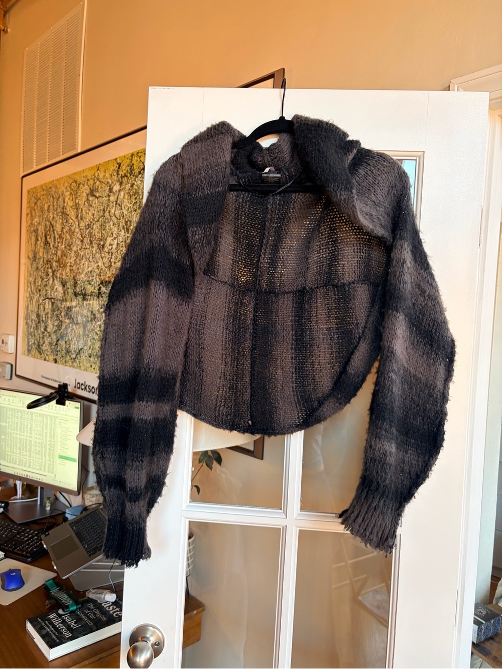 Free People Black and Gray Cropped Hooded Knit Shrug